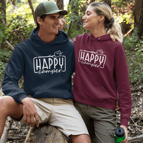 Introducing our gender-neutral Happy Camper hoodie, perfect for anyone who loves the great outdoors!